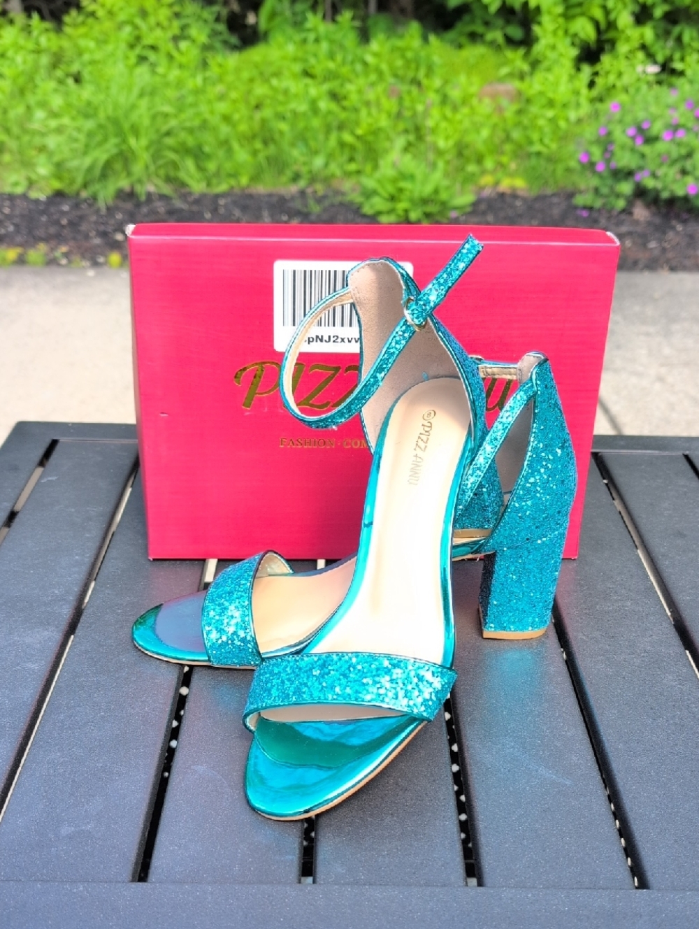 Glitter Block Heel Sandals in Teal - Women